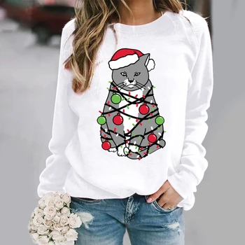 Spausdinti Marškinėlius Moterims Kalėdų Rudenį Atsitiktinis Plus Size Long Sleeve T-Shirt Katė O-Kaklo Laisvi Marškinėliai Topai Moterų Naujųjų Metų Drabužių