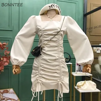 Suknelė Moterims Virš Kelio Kietas Minimalistinio Sluoksniuotos Rankovėmis Aikštėje Apykaklės Elegantiškas Ponios Vestidos Derliaus Plonas Stilingas Prašmatnus Korėjos Stiliaus
