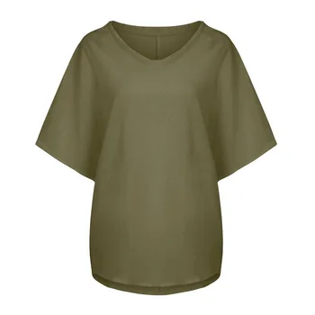 T-shirt moterims, atsitiktinis palaidų vasaros kietas O-kaklo marškinėliai trumpomis rankovėmis ir viršutinis medvilnės, lino palaidinė