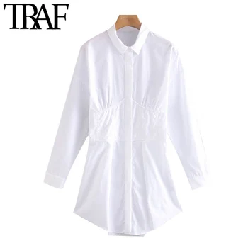 TRAF Moterų Elegantiškos Mados Plisuotos Baltas Mini Marškinėliai Suknelė Vintage ilgomis Rankovėmis Mygtuką-iki Moterų Suknelės, Vestidos Mujer