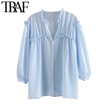 TRAF Moterų Saldus Mados Dryžuotas Susiėmę Palaidinės Vintage V Kaklo Trys Ketvirtį Rankovės Moterų Marškiniai Blusas Prašmatnus Viršūnės