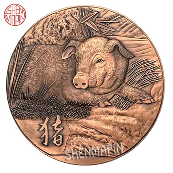 Trimatis Reljefo Dvipusis Kiaulių Progines monetas, Kinų Kultūros Zodiako Kiaulių Raudona, Vario Meno Monetų Kolekcionieriams