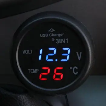 Universalus Cigarečių Žiebtuvėlis Automobilinis USB Kroviklis Skaitmeninis LED Ekranas Voltmeter Termometras Auto Gauge 3in1 12V-24V Transporto priemonėms,
