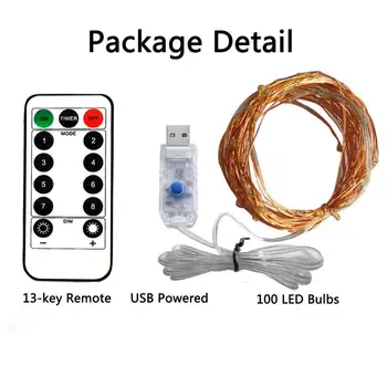 USB nuotolinio valdymo varinės vielos žemos įtampos šviesos eilutę 10 metrų 100 LED 8 funkciją, papuošalai Kalėdų šviesos eilutę