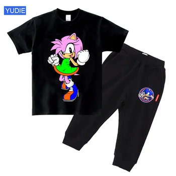 Vaikų Vasaros Drabužių Bamblys Mergaičių Drabužius Sonic Ežys Amy T-marškinėliai+Kelnės Vaikams Drabužių Paauglys Gimtadienio dovana Tinka