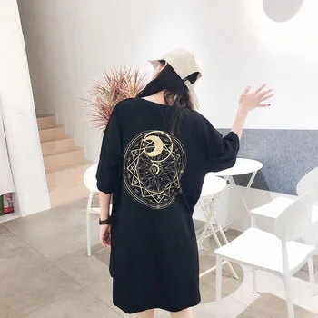 Vasaros Harajuku T-shirt Moterims, trumparankoviai Žvaigždynas Modelis Ilgai Pykti Laisvi O-kaklo Laisvalaikio T-shirt Juoda Balta