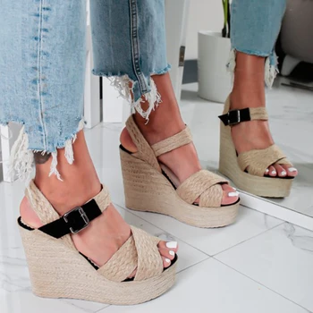 Vasaros Moterų sandalai Pleištai kanapių dirželio sagtis Atsitiktinis Paplūdimio Platforma, Ponios Batai, Aukštis Didėja Stambusis Zapatos De Mujer