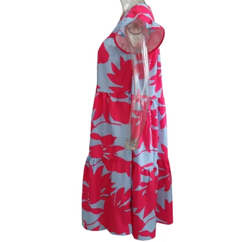 Vasarą Moterys Rose Spalva Klevo Lapų Suknelė Atsitiktinis Paplūdimio Mados Palaidų Gėlių Spausdinti Midi Suknelė