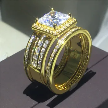 Vecalon Princesė supjaustyti 3-in-1 žiedas nustatyti Geltonos Aukso Užpildytas 925 Sidabro 5A Cirkonis Cz Dalyvavimas vestuvių Juostoje žiedai moterims, Vyrams Dovana