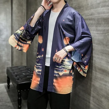 Vyrai Harajuku Kimono Megztinis Vyrams Marškinėliai 2019 M. Vyras Japonijos Streetwear Hip-Hop Vasaros Vyrų Derliaus Desginer Drabužius Kimonos KK3283