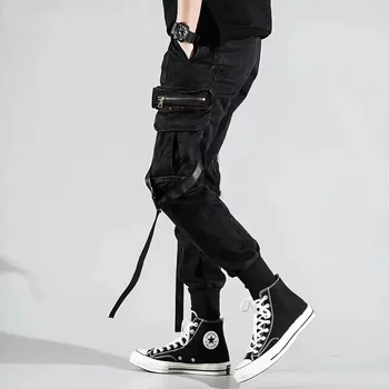 Vyrų Pusėje Kišenėje Haremo Kelnės 2020 M. Rudenį Hip-Hop Atsitiktinis Juostele Dizaino vyriški Bėgimo Kelnes Mados Streetwear Kelnės Juoda