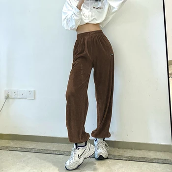 Weekeep Poilsiu Moterų Laišką Siuvinėjimo Mados Sweatpants Aukšto Juosmens Streetwear Baggy Krovinių Kelnės Rudos Spalvos Velvetas Kelnės Derliaus