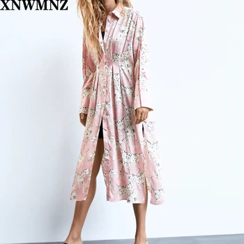 XNWMNZ za Moterų 2020 M. Elegantiškos Mados Gyvūnų Spausdinti Plisuotos Midi Marškinėlius Vintage Suknelė ilgomis Rankovėmis Mygtuką-iki Moterų Suknelės, Vestidos