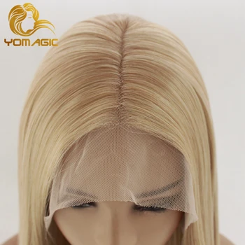 Yomagic Ilgų Tiesių, Sintetinių Plaukų Nėriniai Priekiniai Perukai Moterims, Natūralios Valsčiaus Blond Spalva Sintetinių Glueless Nėrinių Perukai