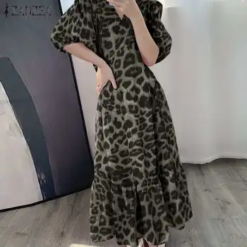 ZANZEA Moterų Bohemijos Sundress Mados V kaklo Sluoksniuotos Rankovėmis Ruffied Hem Suknelė Vasaros Leopardas Spausdinti Šalis Vestidos Femme Skraiste