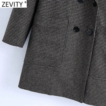 Zevity 2021 Naujas Moterų Derliaus Houndstooth Pledas Ilgas Švarkas Kailis Office Lady Dvigubo Breasted Atsitiktinis Chic Outwear Kostiumas Viršūnes CT642