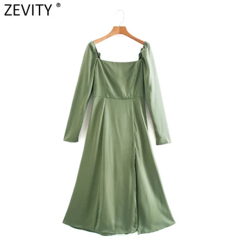 Zevity 2021 prancūzų Stiliaus Elegantiškas Moteris Kvadratinių Apykaklės Kieto Satino Padalinta Midi Suknelė Femme Prašmatnus Vestido Atgal Užtrauktuką Drabužių DS4896