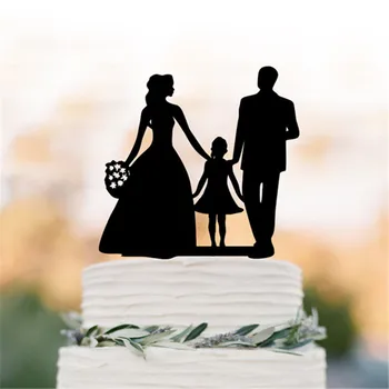 Šeimos Vestuvių Tortas topper su mergina, nuotaka ir jaunikis siluetas vestuvių tortas toppers, juokingi vestuvių tortas toppers su vaiku