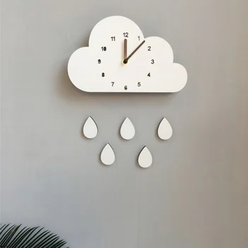 Šiaurės stiliaus mediniai animacinių filmų debesis dramblys lietaus lašas formos laikrodis vaikams\ \ 's kambarys mielas sieninis laikrodis namų dekoracijos