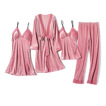 Šiltas Moterų Pižama Sustorėjimas Sleepwear 4 Gabalus Aukso Aksomo Pižama Nustatyti Laisvas Didelio Dydžio, Ilgomis Rankovėmis Moteriška Namų Drabužiai