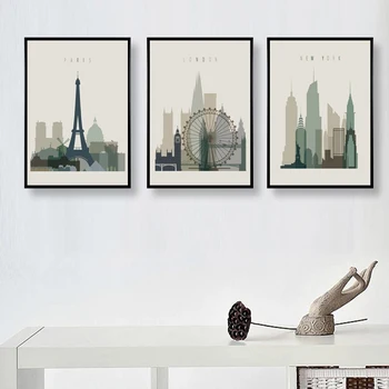 Šiuolaikinio Abstraktaus, Miesto Siluetas Sienos Meno Derliaus Dekoras, Paveikslai Paryžiaus, Londono, Niujorko Dangoraižis 