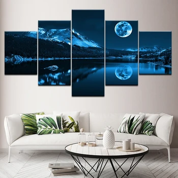 Šiuolaikinė Apdaila, Namo Sienos Meno Modulinės Nuotraukas Drobė 5 vnt Abstract Blue Moon Night Scene Paveikslų HD Spausdinimo Sistema