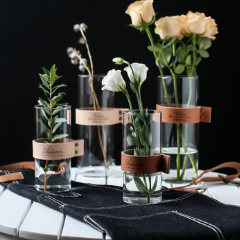 Šiuolaikinės Stiklo Vaza Kūrybos Oda Nustatyti Hydroponic Augalų Vaza Gėlių, Džiovintų Gėlių Įdėta Darbalaukio Papuošalai Namų Puošybai