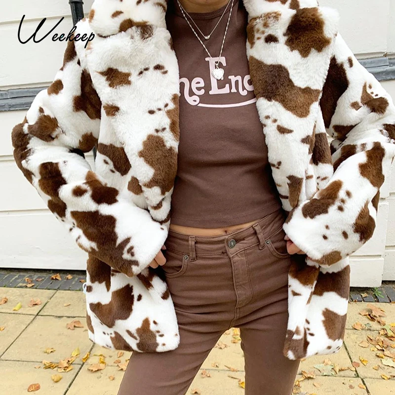 Weekeep Teddy Kailio Žiemos Dirbtiniais Kailiais Šilta Striukė Leopardas Spausdinti Paltas Y2K Negabaritinių 90-ųjų Retro Apranga Moterims Viršutiniai drabužiai Šalies Klubas