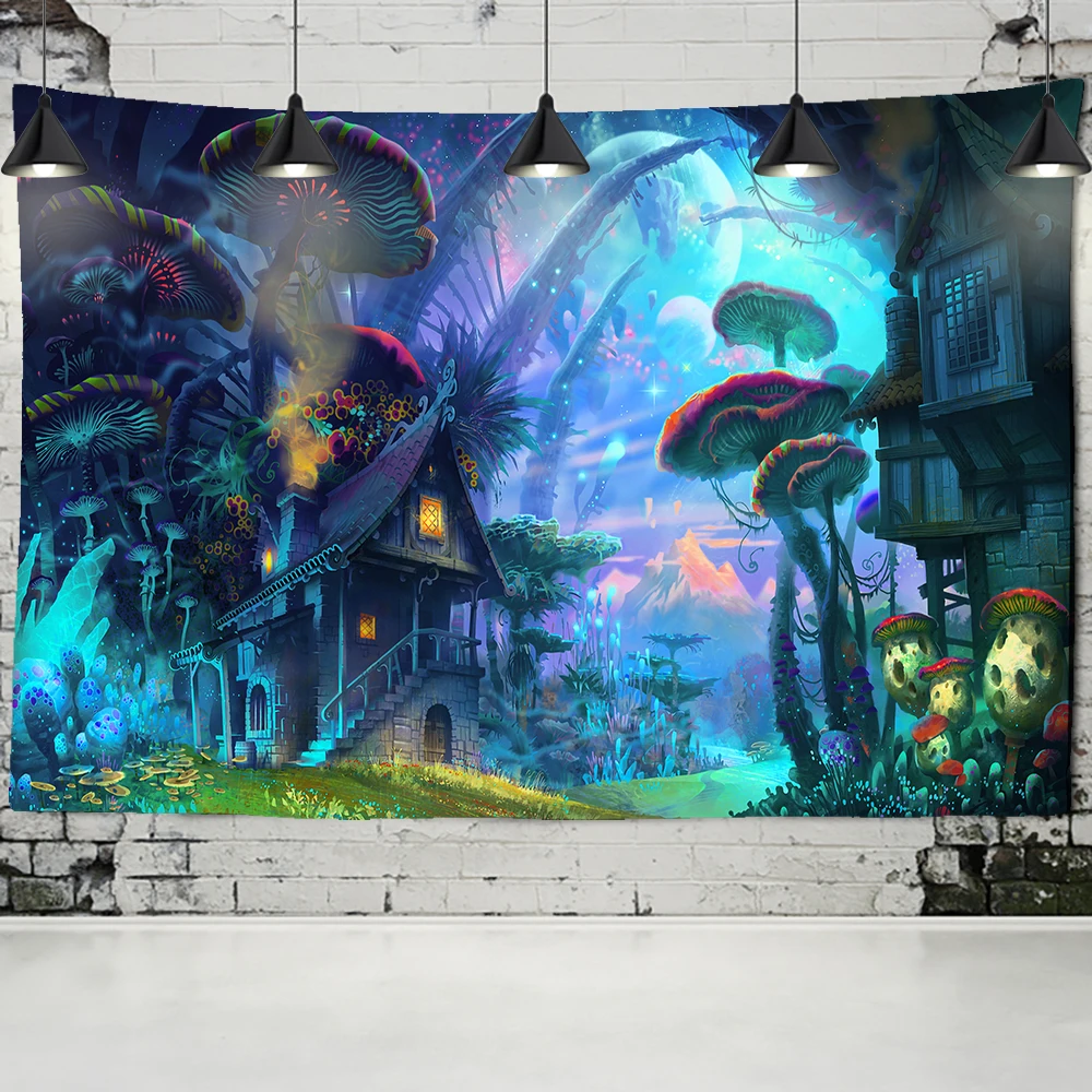Dream miško grybų gobelenas sienos kabo bendrabutyje fone, dekoratyviniai audiniai animacija dream miško gobelenas iliuzija