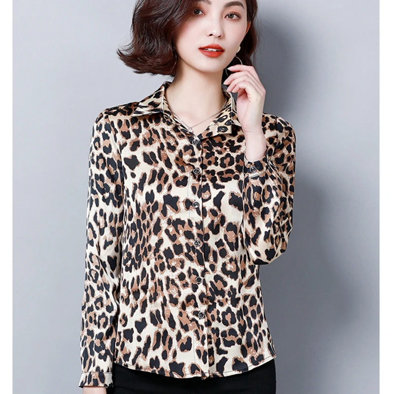 Moterys, Satino, Šilko Marškinėliai Palaidinė Viršūnes 2020 ilgomis Rankovėmis Office Ponios Darbo Leopard Shirt, Derliaus Turn-žemyn Apykaklės, Šaliai Marškinėliai Moterims