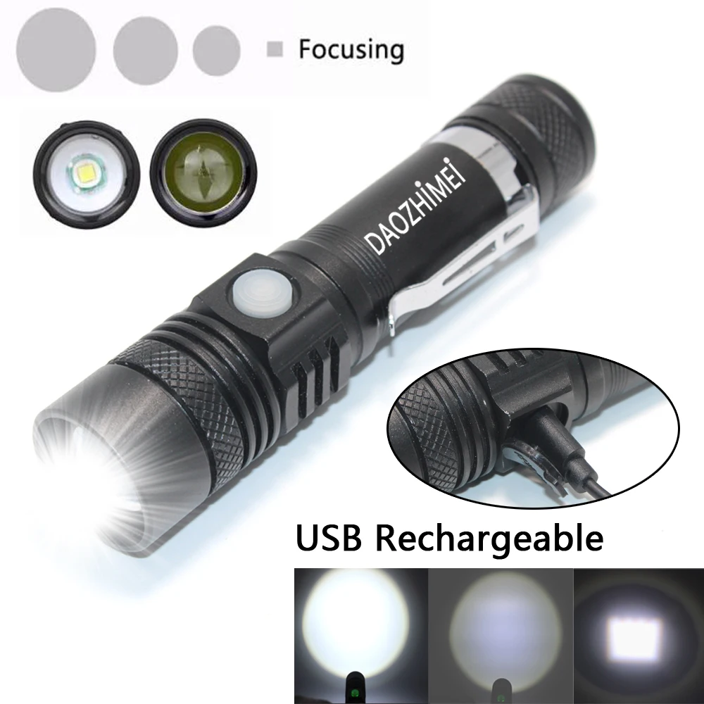 Nešiojamų mini Ultra Bright XML T6 USB LED Žibintuvėlis 3 Rūšių 5000 Liumenų Zoomable LED Žibintuvėlis 18650 Baterija + USB