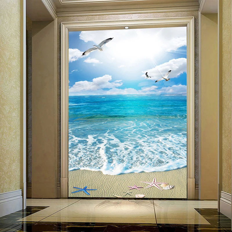 Mėlynas Dangus Ir Balti Debesys 3D Beach Kraštovaizdžio Nuotraukų Freskomis Tapetai Kambarį Viešbutyje Įėjimo Fone Sienos Popieriaus Namų Dekoro 3D
