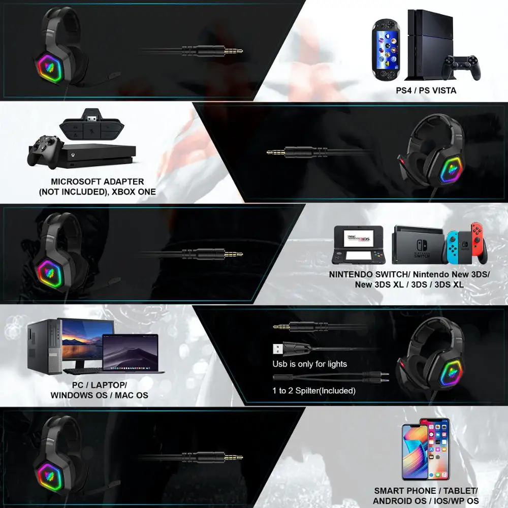 K10 RGB Žaidimų Ausinės Ps4 Per Ear Ausines su Mic 7.1 Surround Sound USB Laidinė laisvų Rankų įranga Kompiuterių Nešiojamąjį kompiuterį Xbox Jungiklis