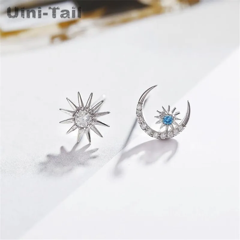 Uini-Uodega karšto naujas 925 sterlingas sidabro kūrybos žvaigždės, mėnulis micro-nustatyti, auskarai temperamentas korėjos mados asimetriškas auskarai