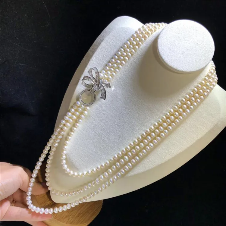 Rankomis rišti 3strands 7-8mm baltos spalvos gėlavandenių perlų vėrinį bowknot micro apdaila cirkonis priedai perlų pakabukas ilgai 55-65 cm
