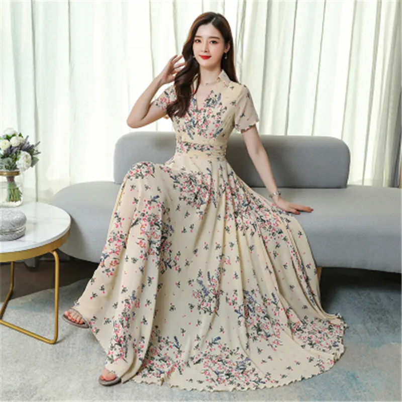 Šifono suknelė 2020 korėjos vasaros naujas mados temperamentas gėlių seksualus V-kaklo trumpomis rankovėmis elegantiškas big swing suknelė
