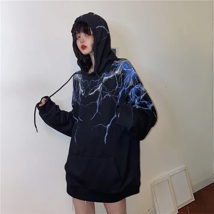 2020 M. Žiemos Hoodies Moterų Mados Laisvus Marškinėlius Moterims Korėjos Ins Harajuku Streetwear Tamsiai Žaibo Spausdinti Gobtuvu Palaidinukė