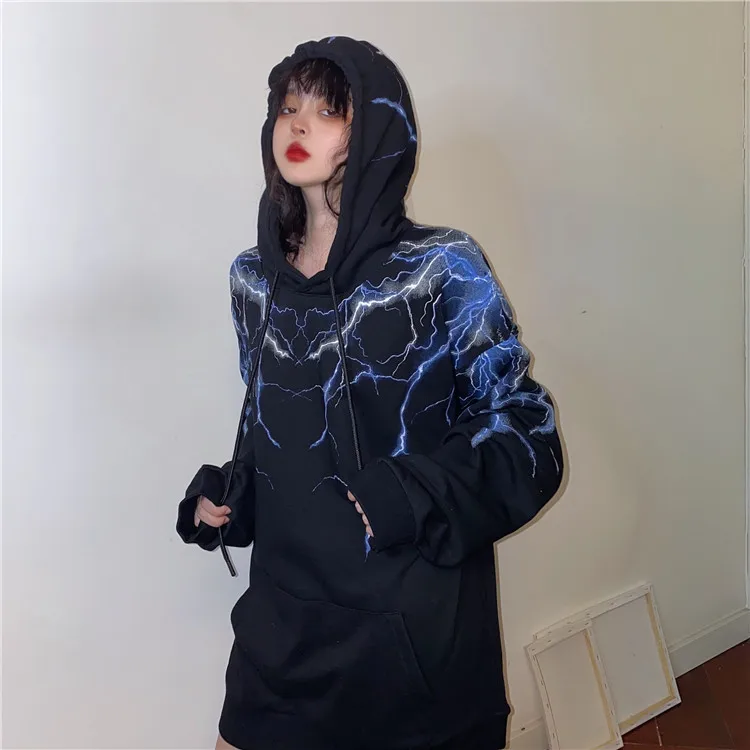 2020 M. Žiemos Hoodies Moterų Mados Laisvus Marškinėlius Moterims Korėjos Ins Harajuku Streetwear Tamsiai Žaibo Spausdinti Gobtuvu Palaidinukė
