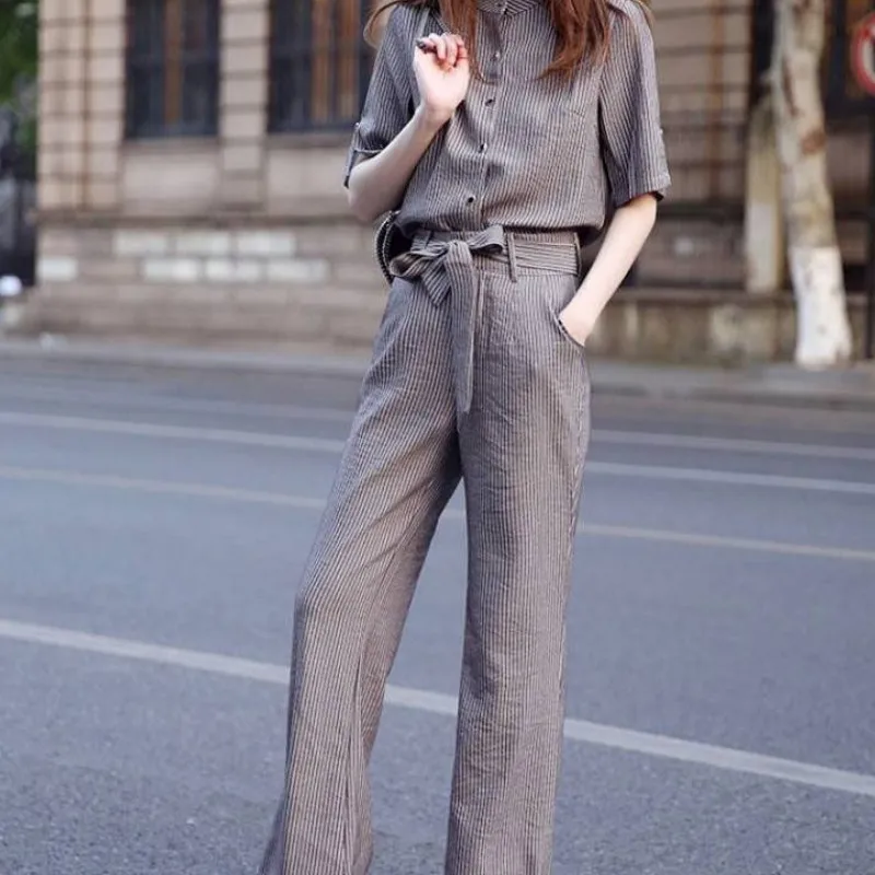 Rinkiniai Moterims Dryžuotas Trumpomis Rankovėmis Vieną Krūtinėmis Marškinėliai Topai Pločio Kojų Kelnės Korėjos Stiliaus Elegantiškas Streetwear Karšto Pardavimo Moterų Dienos