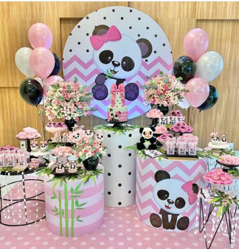 Apvalus ratas fone gimtadienį mini tortas lentelė šalis dekoro mielas panda rožinė baby shower elastingas audinys, 3 cilindrų, plinth dangtis