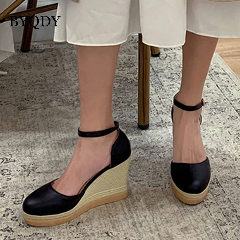 BYQDY Platformos, Aukštakulniai Batai Moterų Sandalai Pleištai Block Kulniukai 9cm Uždarytas Pirštai Rankų darbo Vasaros Minkštos Odos Atsitiktinis chaussures