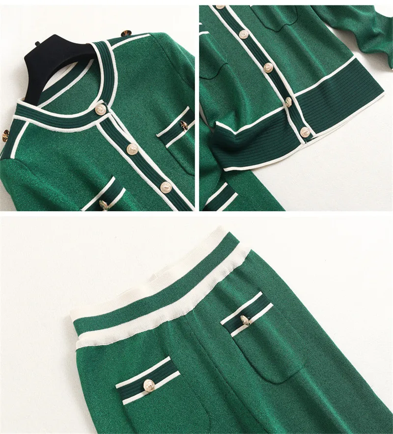 Ilgomis Rankovėmis Megztinis Džemperis ir Kelnės Kombinezonas 2 dalių Rinkinys Moterims, Elegantiškas Dizainerio Pavasario Komplektus, Biuro Lady Kelnės Žalia Twinset