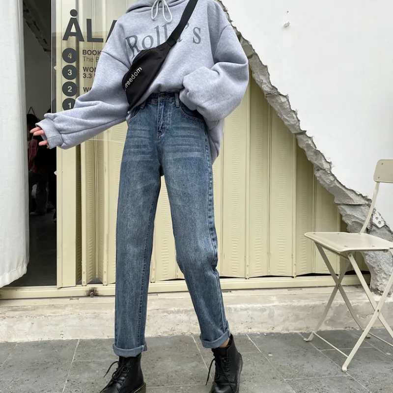 Džinsai Moterims Retro Prarasti Tiesios Kelnės korėjos Stiliaus Laisvalaikio Prašmatnus Moterų Paprastas Kietas Streetwear Visas rungtynes, Harajuku Ins Naujas