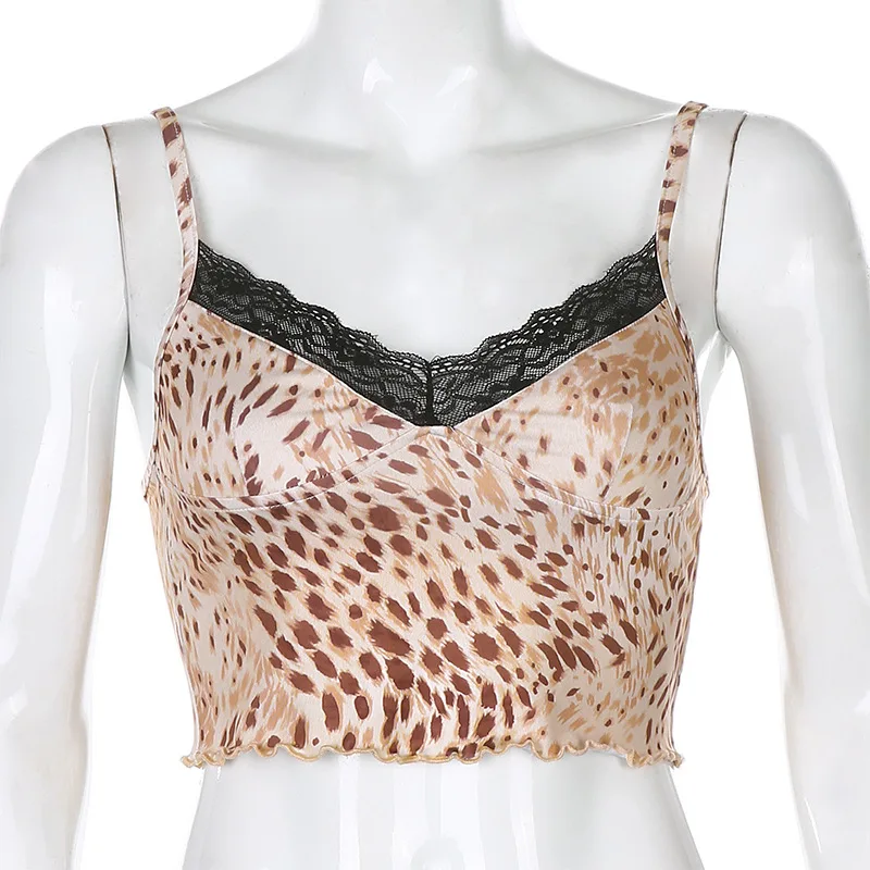 Y2K Seksualus Leopardas Spausdinti Nėrinių Apdaila Pasėlių Viršuje Moterų Elastinga Atsitiktinis Šalis V-Kaklo Vasaros Milkmaid Vintage Drabužių 90s Streetwear