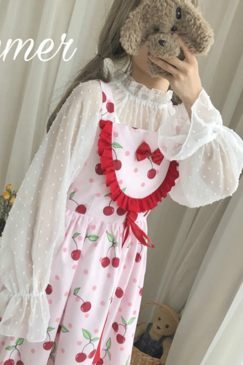 Vasarą naujasis Japonijos saldus, minkštas sesuo girl Lolita mano, polka dot grybelio šifono top marškinėliai ilgomis rankovėmis mielas