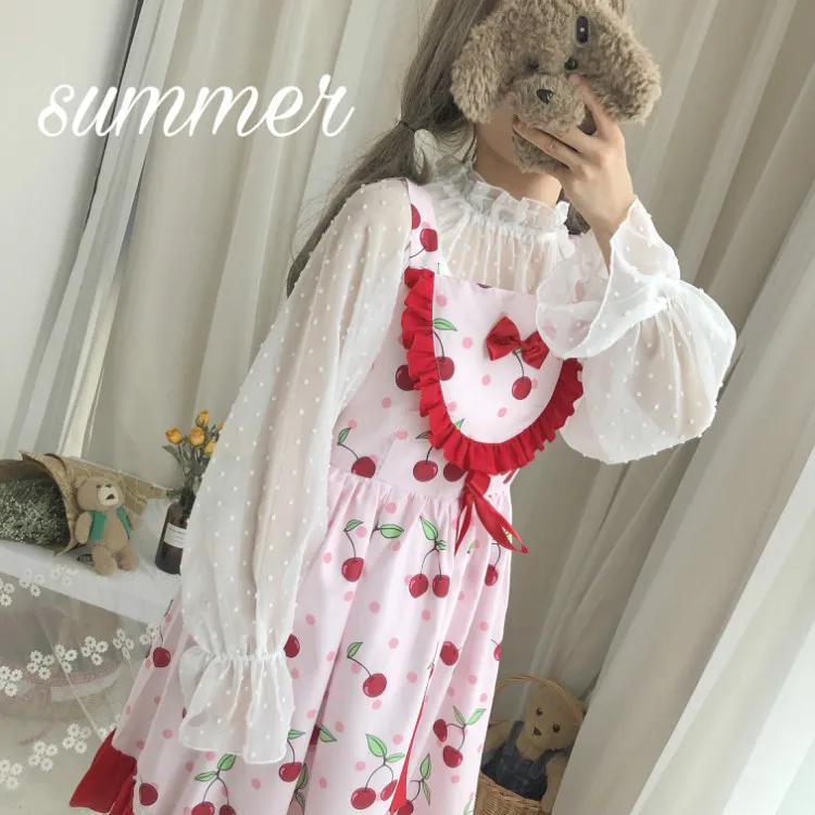 Vasarą naujasis Japonijos saldus, minkštas sesuo girl Lolita mano, polka dot grybelio šifono top marškinėliai ilgomis rankovėmis mielas