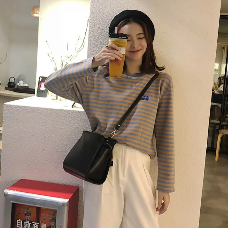 Korėjos Ulzzang O-Kaklo Dryžuotas marškinėliai Moterims Atsitiktinis ilgomis Rankovėmis Laisvi Marškinėliai Spalvos Bloką Retro Medvilnės Marškinėliai Femmal
