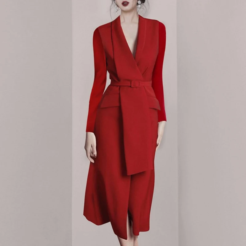 Aukštos kokybės temperamentas verslo elegantiškas vestido da festa 2019 m. Rudenį, Žiemą korėjos OLIS diržo juosmens Įpjovomis ilgomis rankovėmis Raudona suknelė