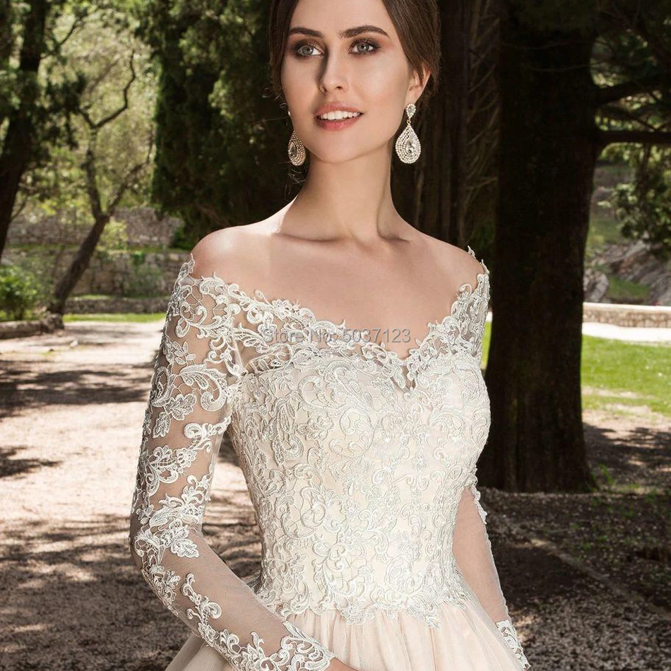 Linijos Šampano Tiulio Vestuvių Suknelės 2021 V-Kaklo, ilgomis Rankovėmis, Nėriniai Appliques nuo Peties Vestuvinės Suknelės Vestido De Noiva