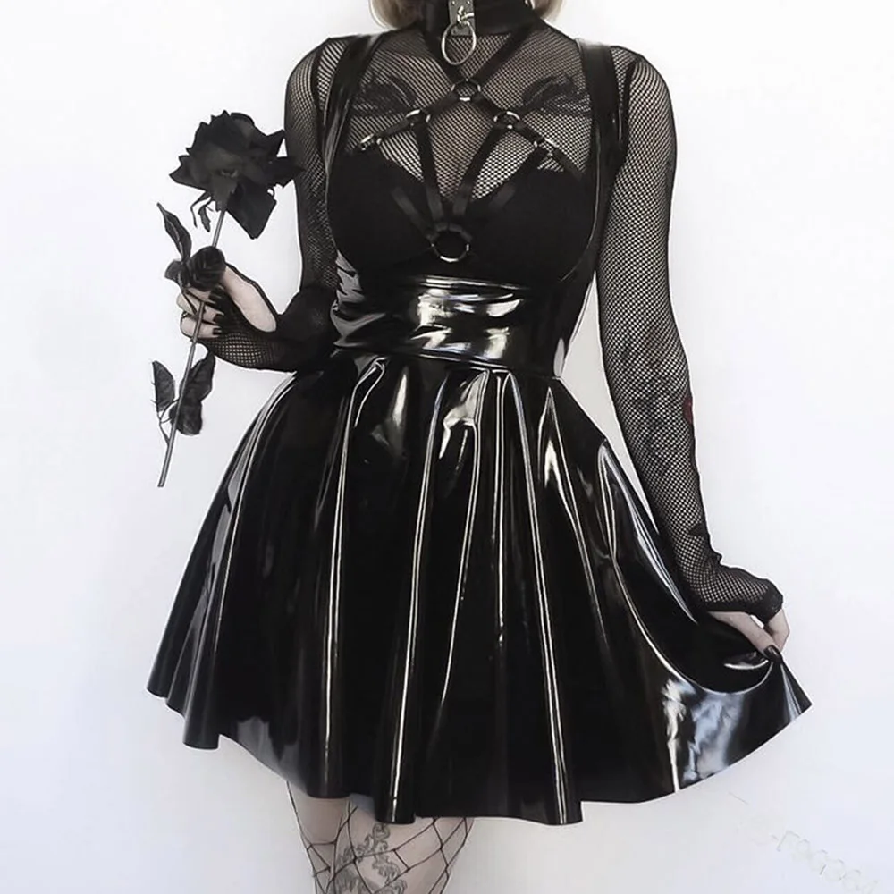 Rosetic Black PU Odos Sijonai Šalies Klubas Moterims Gotikos Streetwear Didelis Juosmens Spagečiai Dirželiai Trumpais Sijonais Lady Madinga Retro